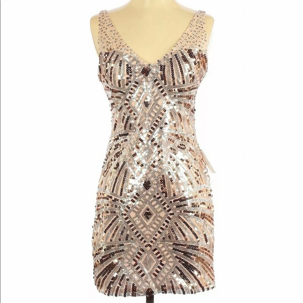 Jodi Kristopher Rose Gold Sequin Beaded Mini Dress